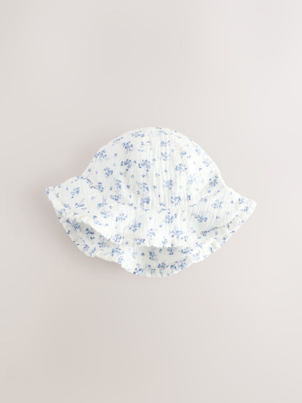 White/Blue Ditsy Floral Print 100% Cotton Baby Bucket Hat (0mths-2yrs)