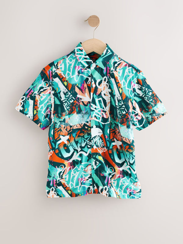 Teal Blue Short Sleeve Printed Shirt (3-16yrs)