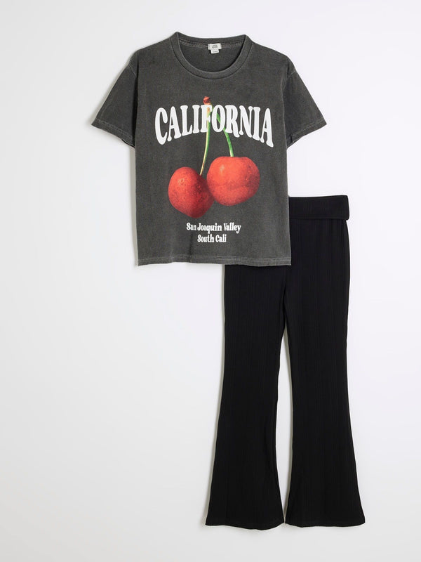 River Island Grey Girls Cherry 100% Cotton T-Shirt And Kickflare Set