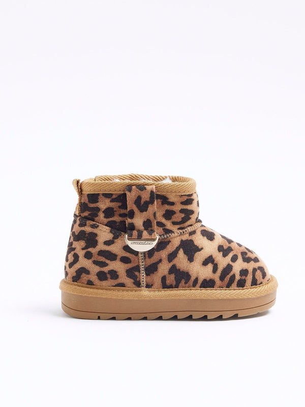 River Island Brown Girls Suedette Leopard Faux Fur Lined Boots