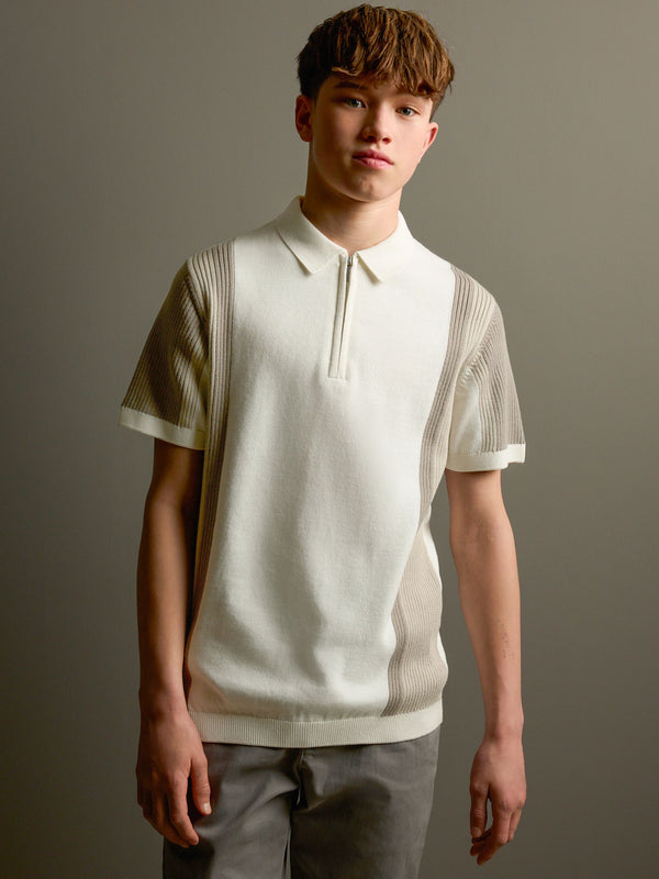 Neutral Colourblock Knitted Zip Neck Polo Shirt (3-16yrs)