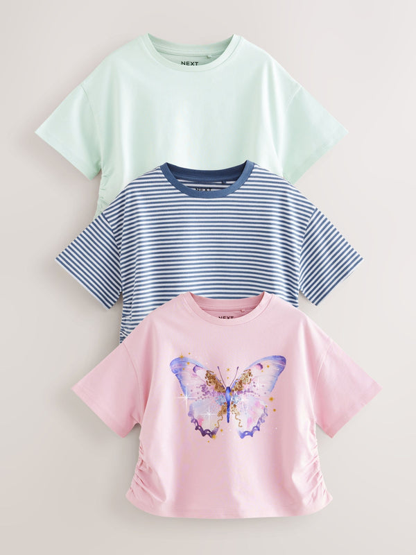 Purple/Aqua Sequin Butterfly Ruche Hem Side T-Shirts 3 Pack (3-16yrs)