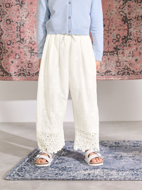 White Wide Leg Embellished 100% Cotton Trousers (3-16yrs)