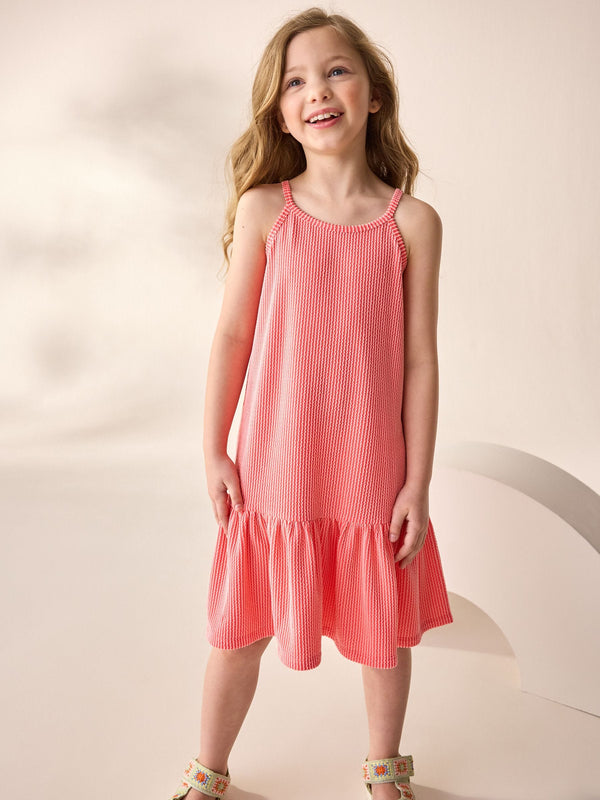 Coral Pink Stripe Strappy Halter Summer Dress (3-16yrs)