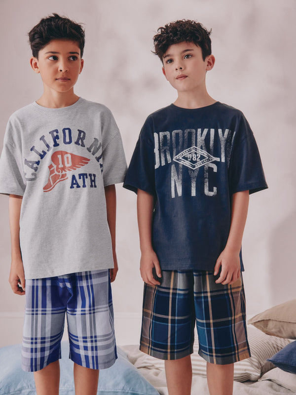 Navy/ Grey Varsity Check Woven Short Pyjamas 2 Pack (4-16yrs)