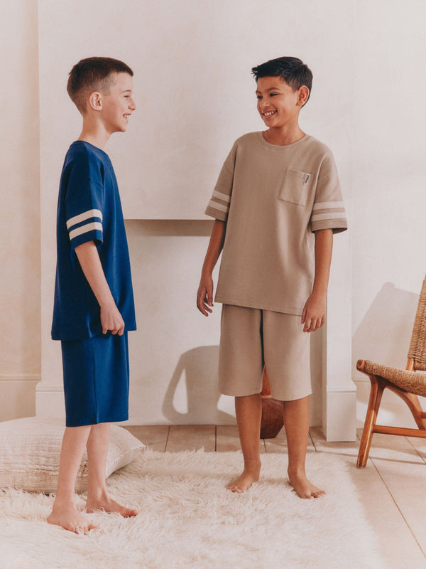 Stone/ Navy Blue 100% Cotton Short Pyjamas 2 Pack (3-16yrs)