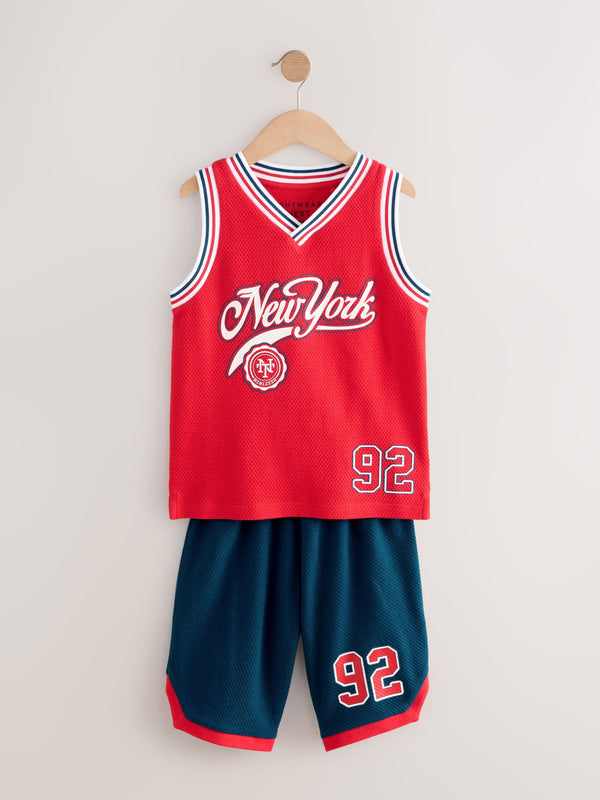 Red/Blue Basketball Single 100% Cotton Short Pyjamas (4-16yrs)