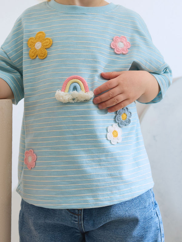Blue Crochet Rainbow Flowers Short Sleeve T-Shirt (3mths-7yrs)