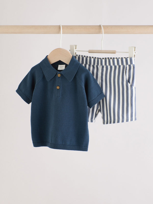 Navy Stripe Baby Knitted Top and Short Set (0mths-2yrs)