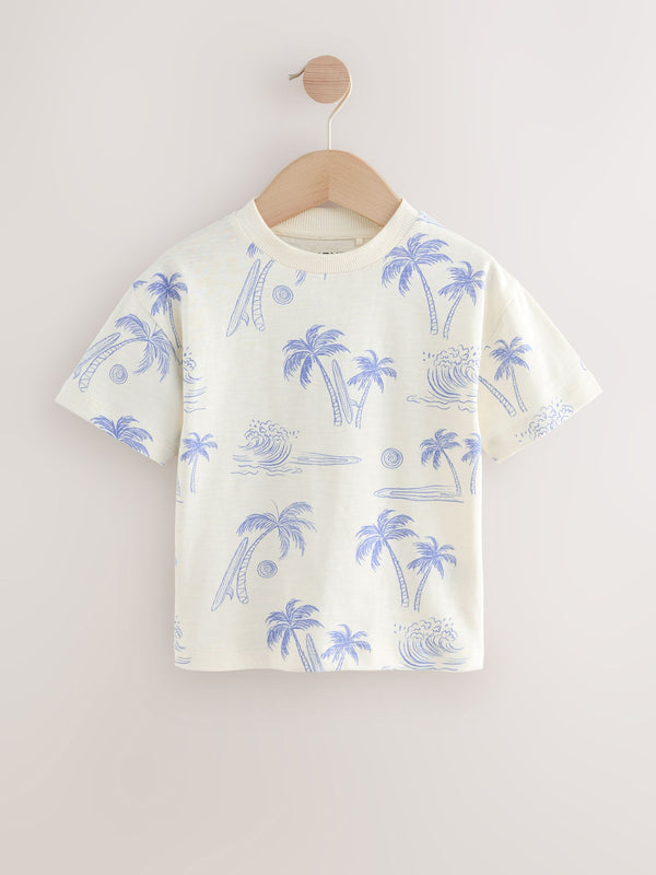 White/Blue Palm Tree Short Sleeve All-Over Print T-Shirt (3mths-7yrs)