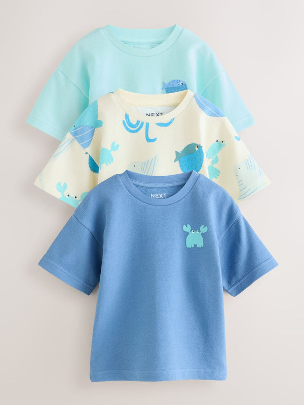 White/Blue Seaside Short Sleeve Textured T-Shirts 3 Pack (3mths-7yrs)