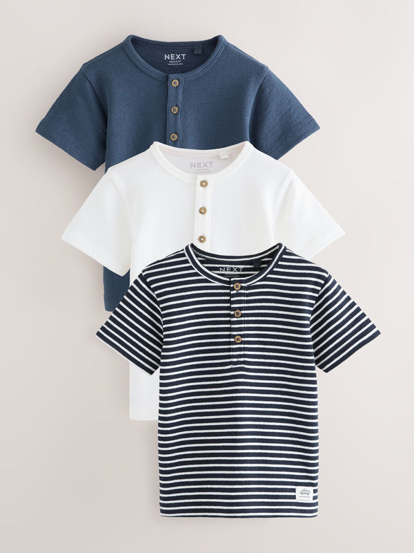 Blue/Navy Short Sleeve Textured Henley T-Shirts 3 Pack (3mths-7yrs)