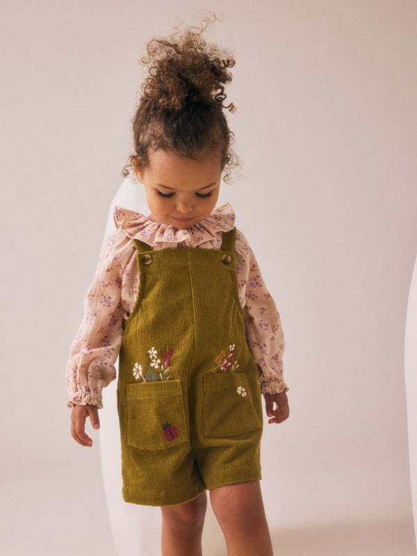 Green Floral Print Corduroy Dungarees Blouse and Tights Set (3mths-7yrs)
