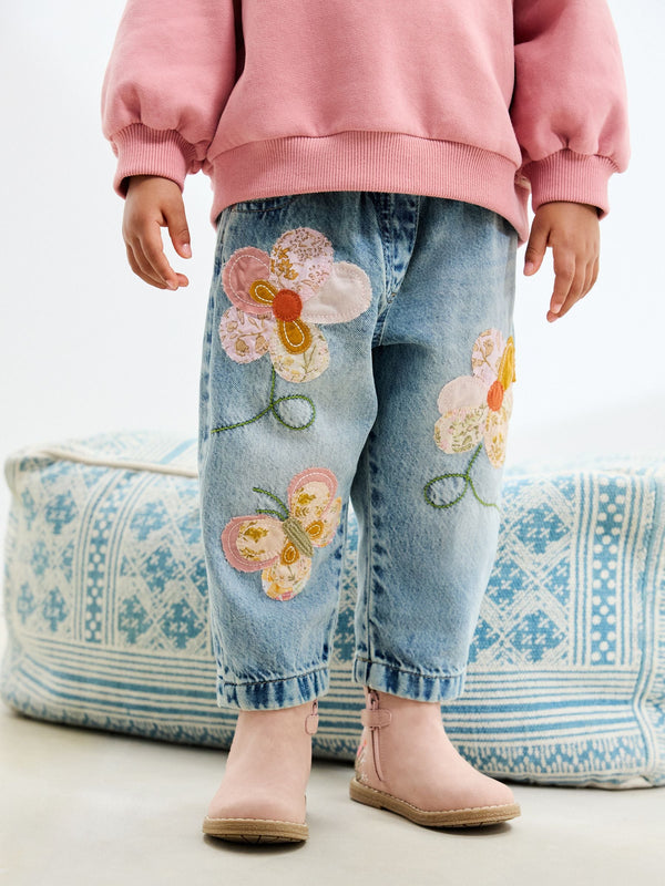 Mid Blue Denim Floral Appliqué Jeans (3mths-7yrs)