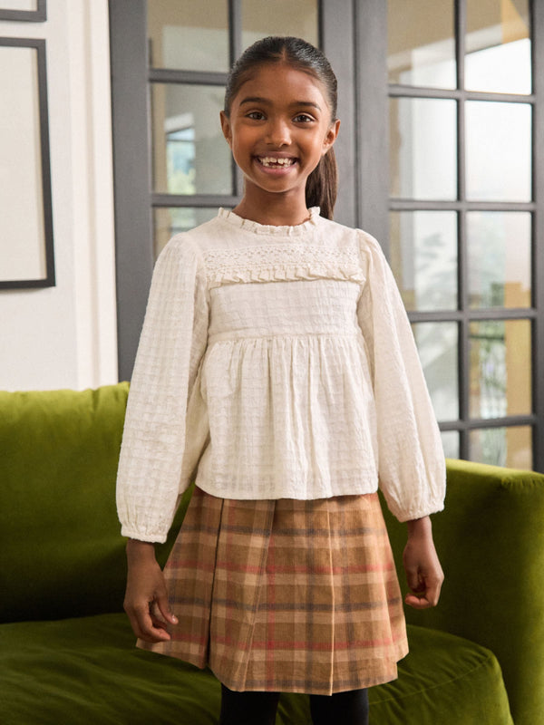 Tan Brown Pleated Check Skirt (3-16yrs)