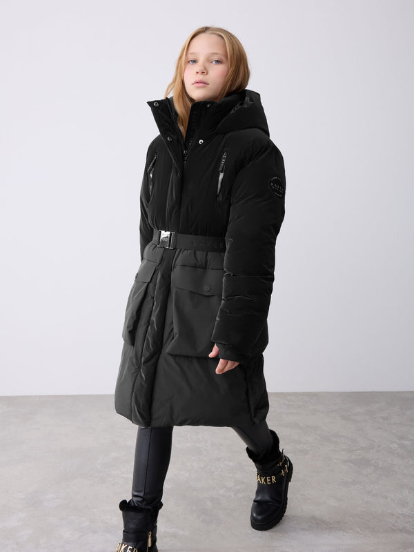 Baker by Ted Baker Shower Resistant Longline Belted Padded Black Parka