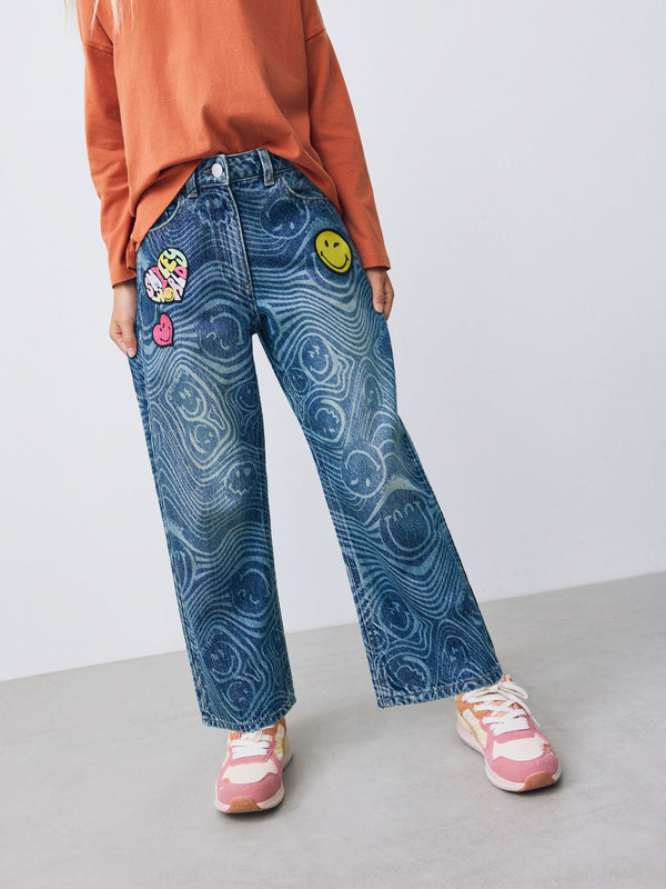 Mid Blue SmileyWorld® Print Wide Leg Jeans (3-16yrs)