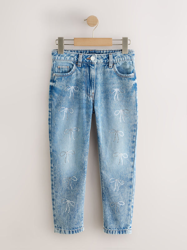 Mid Blue Denim Embellished Bow Mom Jeans (3-16yrs)