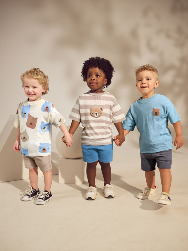 Neutral Padded Bear 100% Cotton Short Sleeve T-Shirts & Shorts Set 3 Pack (3mths-7yrs)