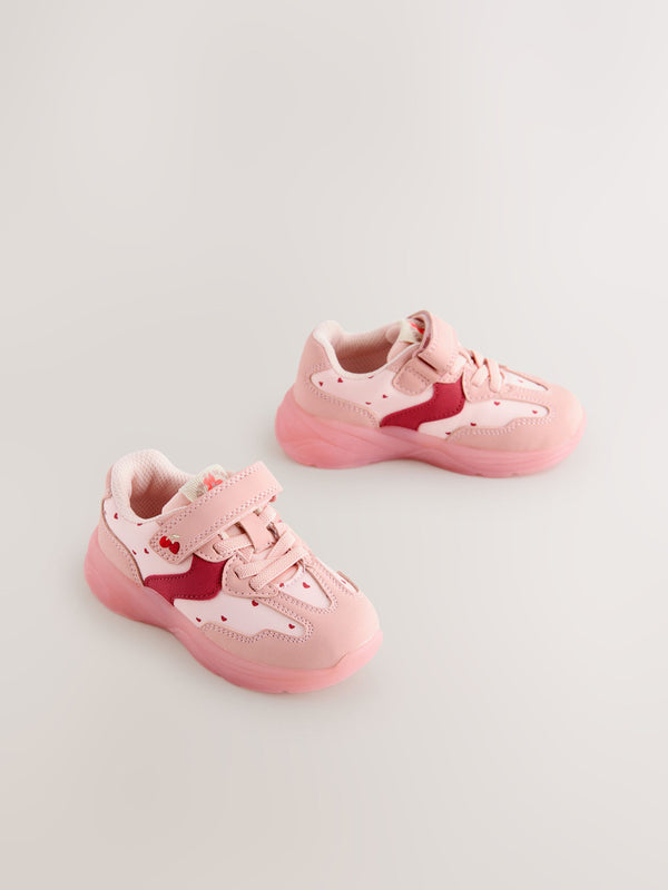 Pink Heart Light Up Touch Fastening Elastic Lace Trainers