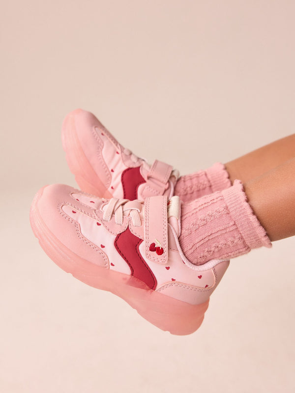 Pink Heart Light Up Touch Fastening Elastic Lace Trainers