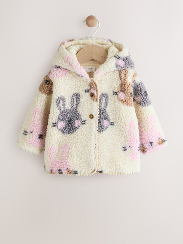 Ecru and Pink Bunny Borg Hooded Baby Jacket (0mths-2yrs)