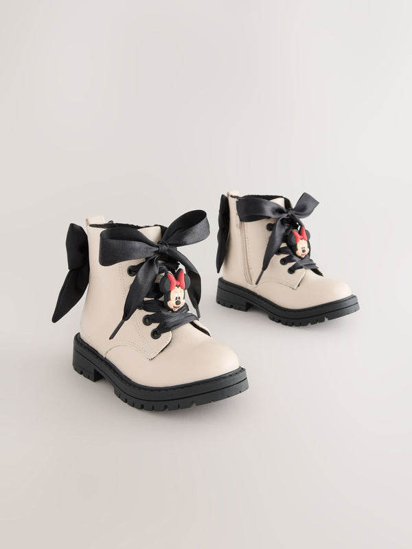 Neutral Minnie Mouse Bow Detail Lace Up Ankle Boots