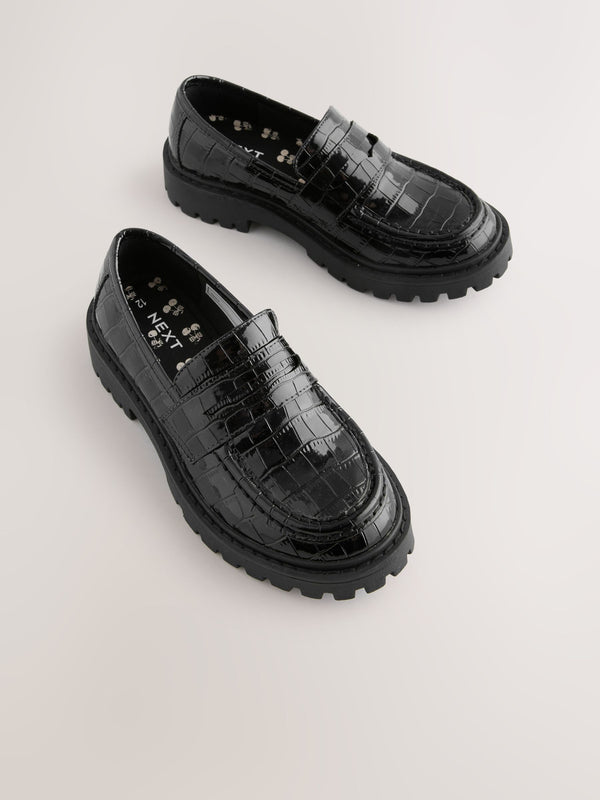 Black Patent Crocodile Effect School Loafers