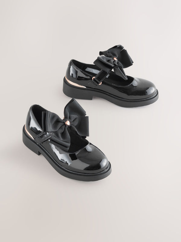 Black Patent Bow Chunky Mary Jane School Shoes