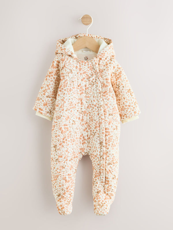 Ecru Floral Printed Baby Hooded Crinkle Woven Pramsuit (0mths-2yrs)