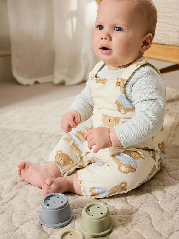 Blue Bear Print Baby Jersey Dungarees And Bodysuit Set (0mths-2yrs)