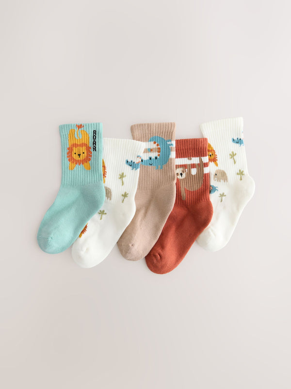 Teal/Brown Safari Animals Print Rich Socks 5 Pack