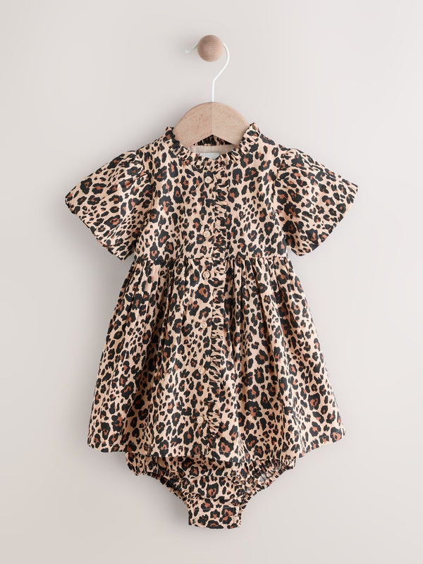 Tan Brown Leopard Print Baby Woven Dress and Bloomer Knickers Set (0mths-2yrs)