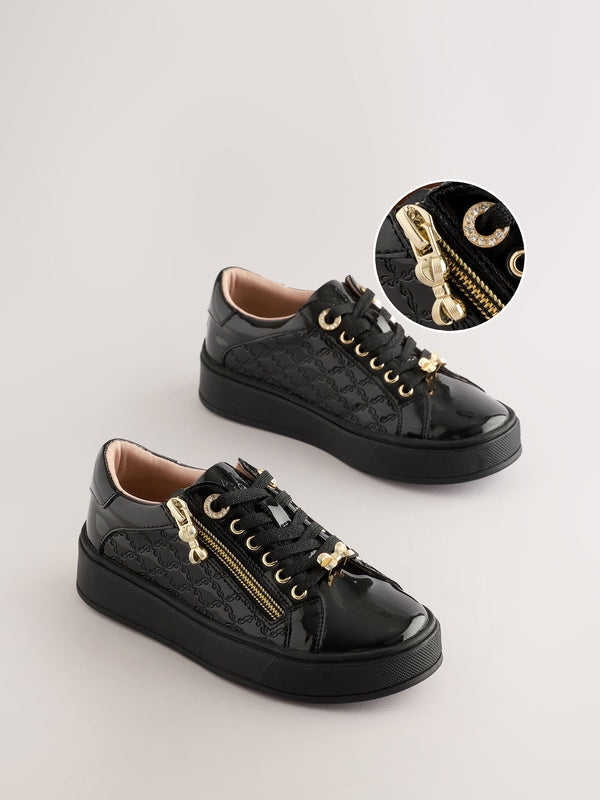 Baker by Ted Baker Girls School Patent Black Trainers with Bow Charm