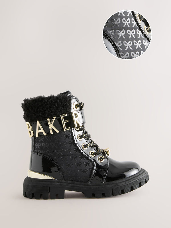 Baker by Ted Baker Girls Embossed Lace Up Chunky Black Boots