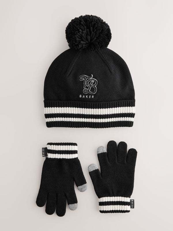 Baker by Ted Baker Boys Varsity Logo Pom Black Beanie and Gloves Set