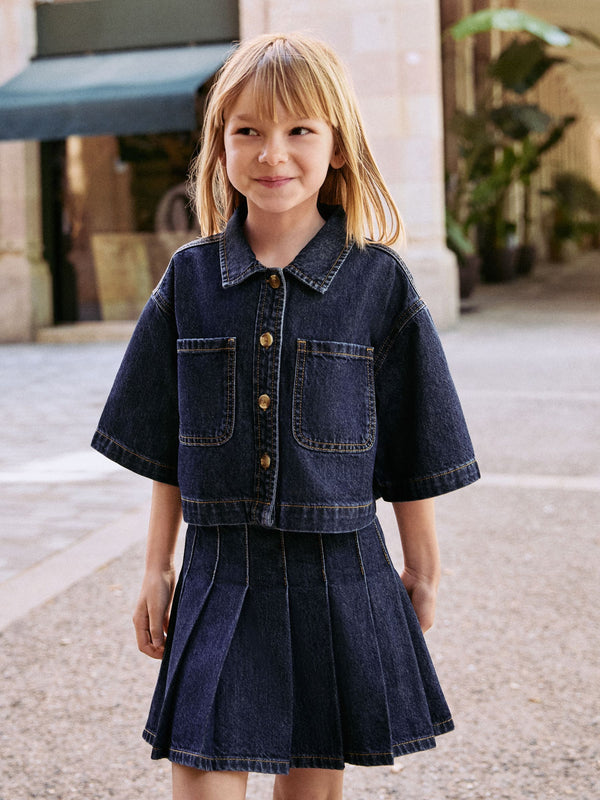 Dark Wash Denim Shirt and Pleated Skirt Set (3-16yrs)