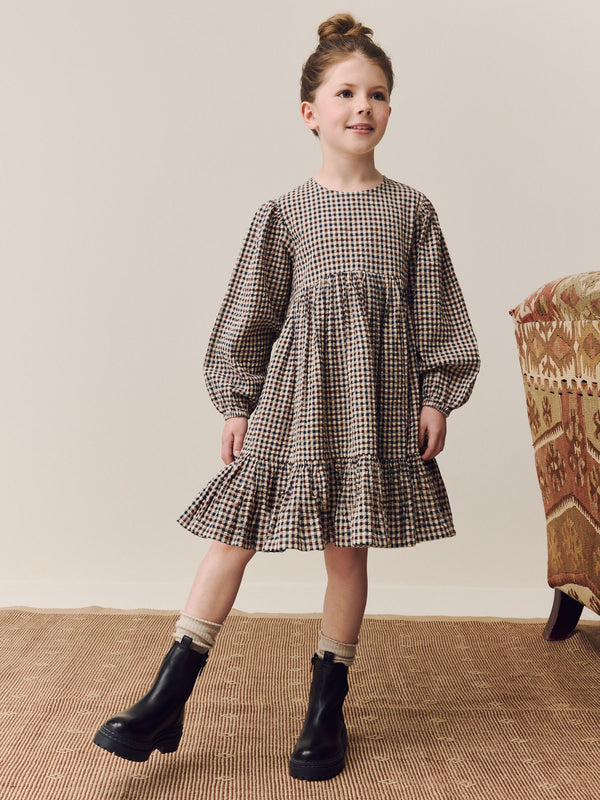 Neutral Gingham Tiered Dress (3-16yrs)