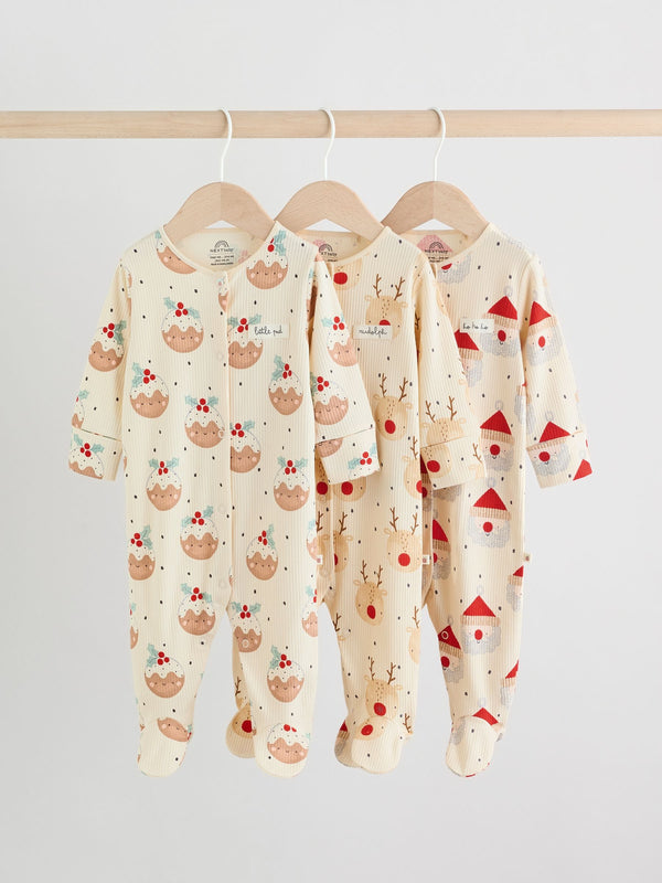 Ecru Baby Christmas Popper Sleepsuits 3 Pack (0mths-2yrs)