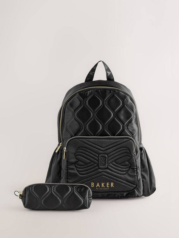 Baker by Ted Baker Girls Back To School Black Quilted Bow Backpack with Pencil Case