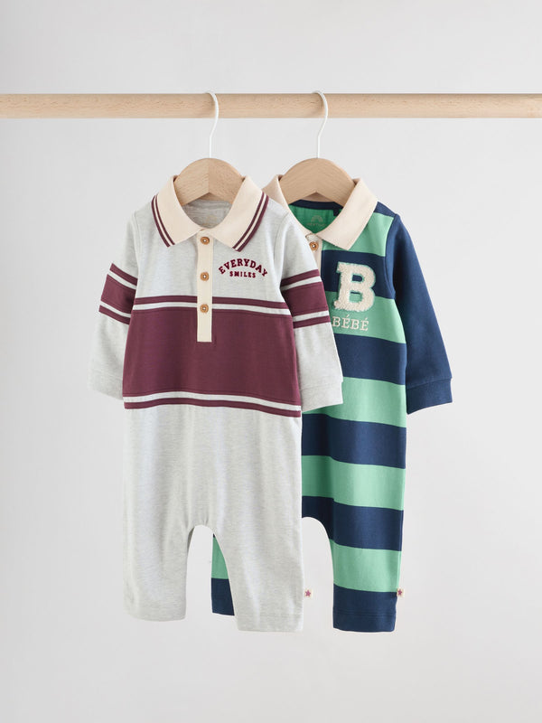 Blue/Green Striped Baby Collared Jersey Rompers 2 Pack