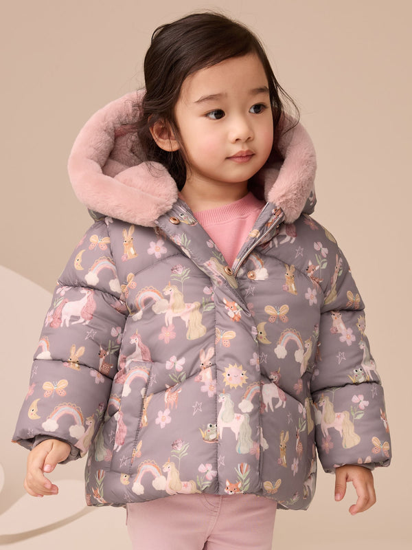 Purple Shower Resistant Faux Fur Trim Padded Coat (3mths-7yrs)