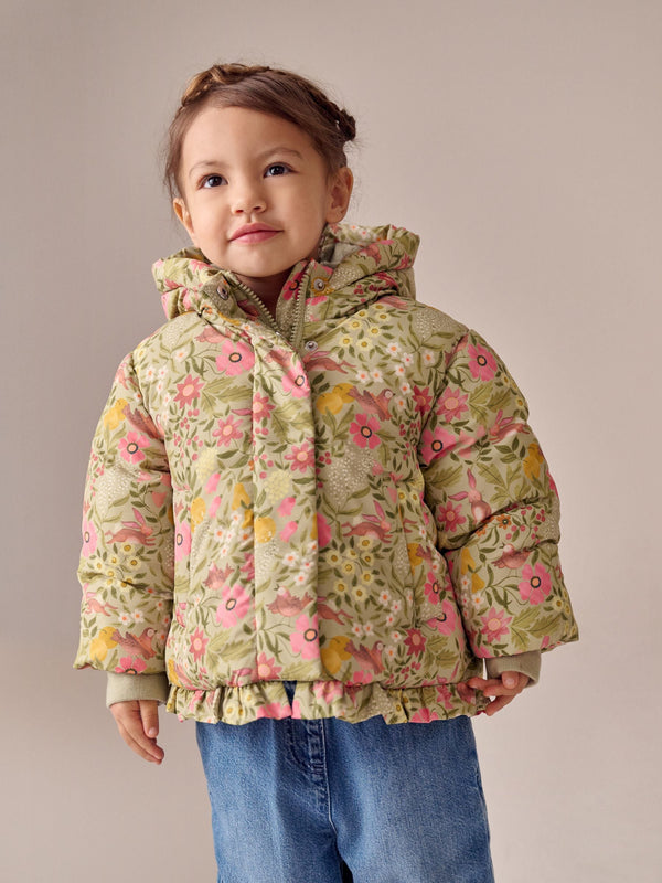 Green Floral Shower Resistant Frill Hem Padded Coat (3mths-7yrs)