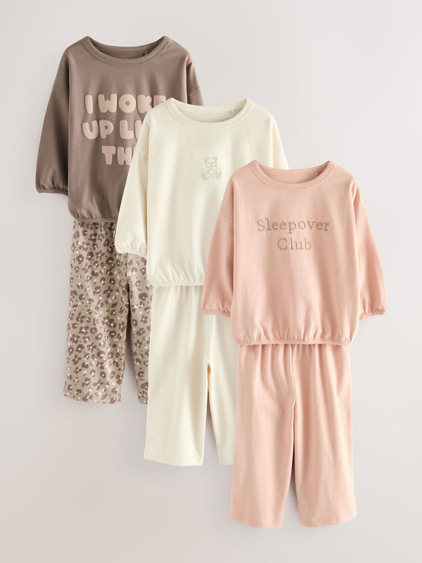 Ecru/Pink Slogan Print Wide Leg Pyjamas 3 Pack (9mths-10yrs)