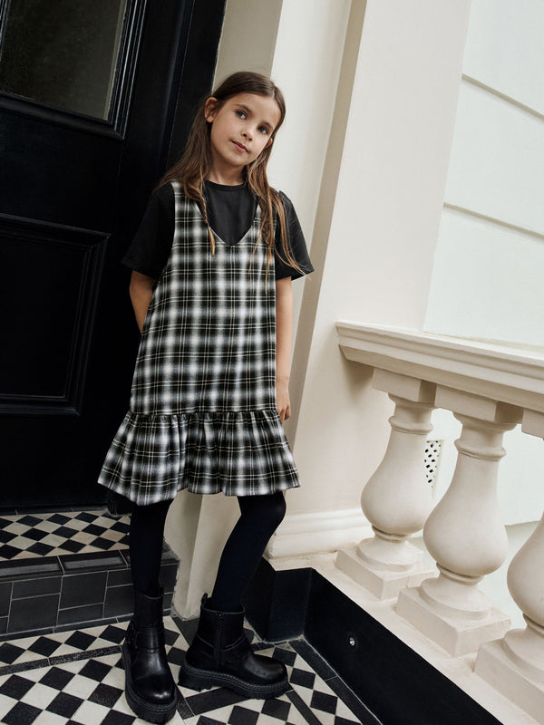Black/White Check Ruffle Hem Pinafore and T-Shirt Set (3-16yrs)