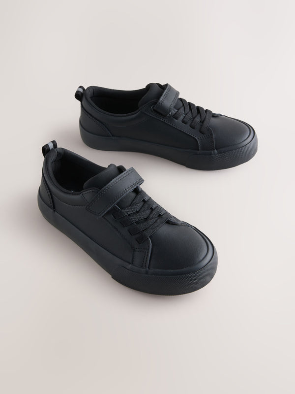 Black Standard Fit (F) Leather Touch Fastening Elastic Lace School Shoes