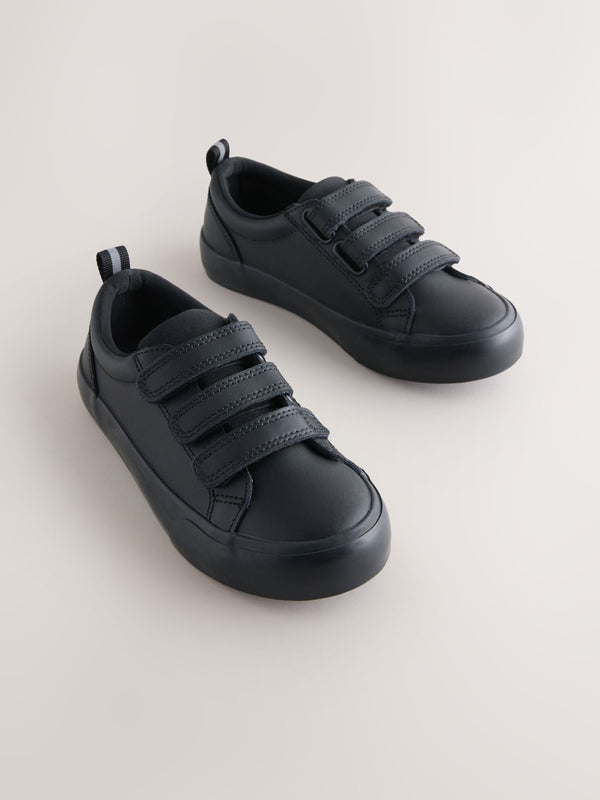Black Standard Fit (F) Leather 3 Strap Touch Fastening School Shoes