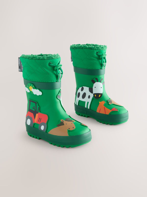Green Farm Animals Thermal Thinsulate™ Lined Cuff Wellies