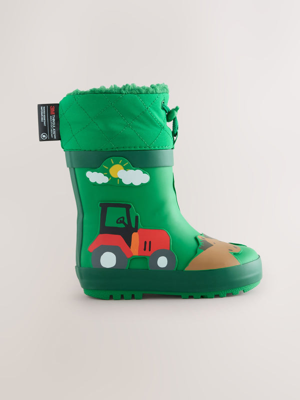 Green Farm Animals Thermal Thinsulate™ Lined Cuff Wellies