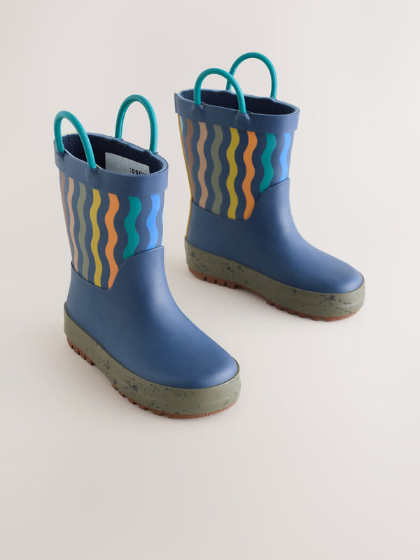 Blue Navy Stripe Handle Pull On Wellies
